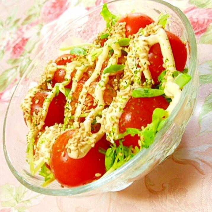 ❤豆苗とトマトとキムチの胡麻マヨ青海苔サラダ❤